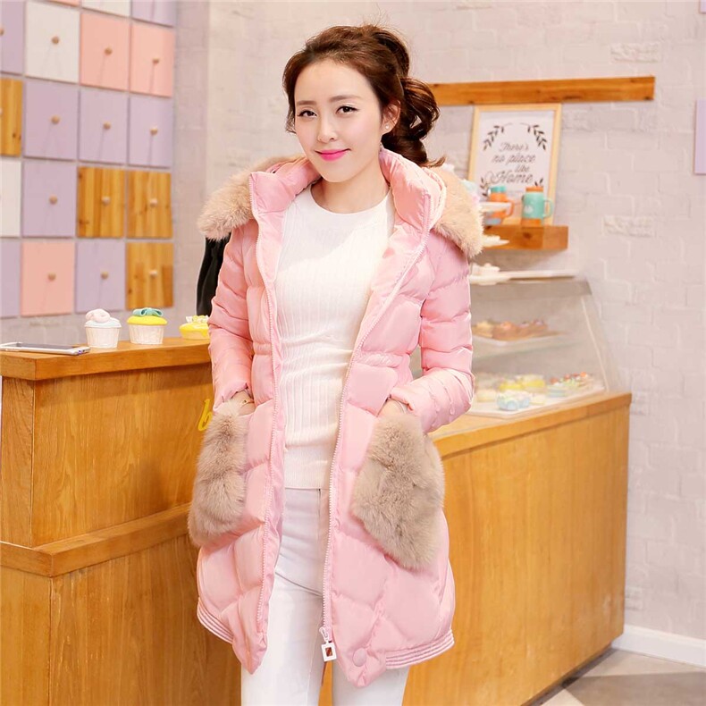 时尚保暖女士棉服甜美粉色长款羽绒外套冬季必备显瘦修身大码女装，女装棉衣/棉服，冬木谷雨