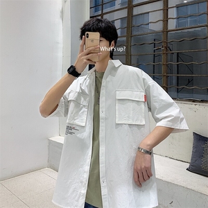 1港风休闲情侣大码M-5XL衬衫男日系潮流帅气短袖衬衣7870P45控69,长款吊带打底裙如何搭配图片