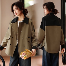 卡其色风衣女短款春秋季新款小个子时尚翻领宽松休闲撞色工装外套，女装风衣，鑫源服饰