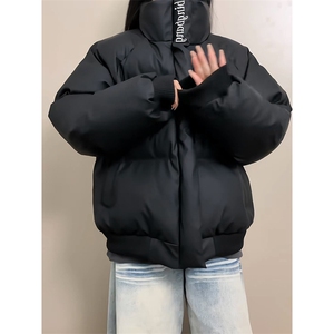 现货冬季三防重磅硬挺boxy短款羽绒刺绣立领PU皮棉衣外套加厚棉服图片