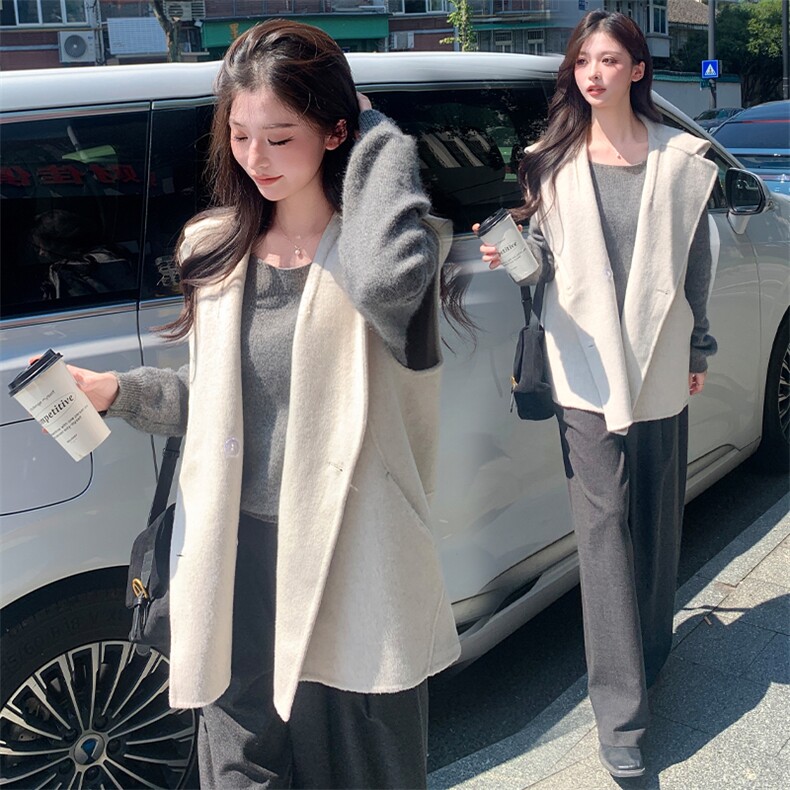 现货主推新款双面羊毛呢连帽百搭宽松休闲羊毛马甲女外套,女装双面呢大衣,丝露依尚（原SL）