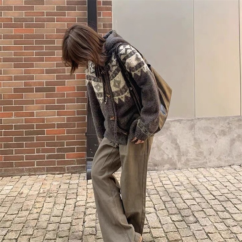 重磅秋冬北极绒开衫毛衣美式复古休闲慵懒风牛角扣针织衫连帽外套，男装针织衫/毛衣，电商A486-1