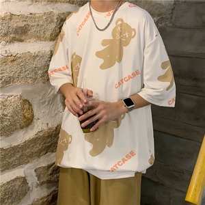 夏季2021原宿小熊印花ins男士宽松圆领字母印花短袖t恤 T210-P22图片