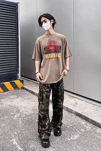松紧腰迷彩休闲裤男款欧美高街裤子美式复古宽松直筒裤多口袋潮图片