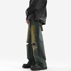 wassuphappy破洞牛仔裤男春秋季潮流高级感阔腿裤夏款休闲长裤子，男装牛仔裤，星座302B