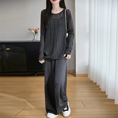 圆领微透竹节麻针织长袖上衣罩衫阔腿裤两件套女宽松时尚亚麻套装，女装套装/套裙，东远绒业