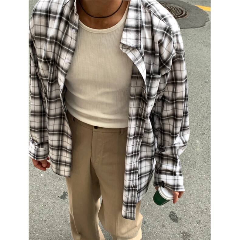 格子衬衫男长袖春季宽松休闲衬衣翻领复古cleanfit外套828P50,男装衬衫,星座710