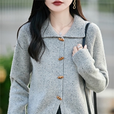 100%纯羊毛开衫女POLO领点子纱针织衫毛衣宽松加厚亮丝外套羊绒衫，女装羊毛衫，蒙特羊绒