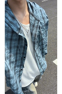 连帽格子长袖衬衫男女宽松衬衣防晒外套美式复古C2238-特价P33图片