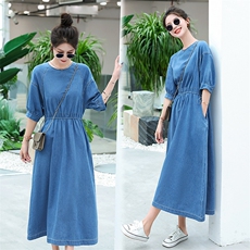 海军领披肩牛仔连衣裙女夏季薄款2025新款抽绳宽松显瘦休闲长裙子，女装连衣裙，星期衣