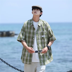 短袖格子衬衫男夏季新款潮牌休闲宽松半袖衬衣外套C322，男装衬衫，星座1116A-1（原606A）