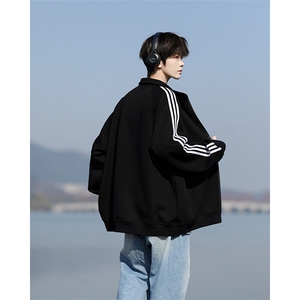 8XL-M三条杠运动卫衣特大码美式条纹立领夹克开衫外套JK5205/P65图片