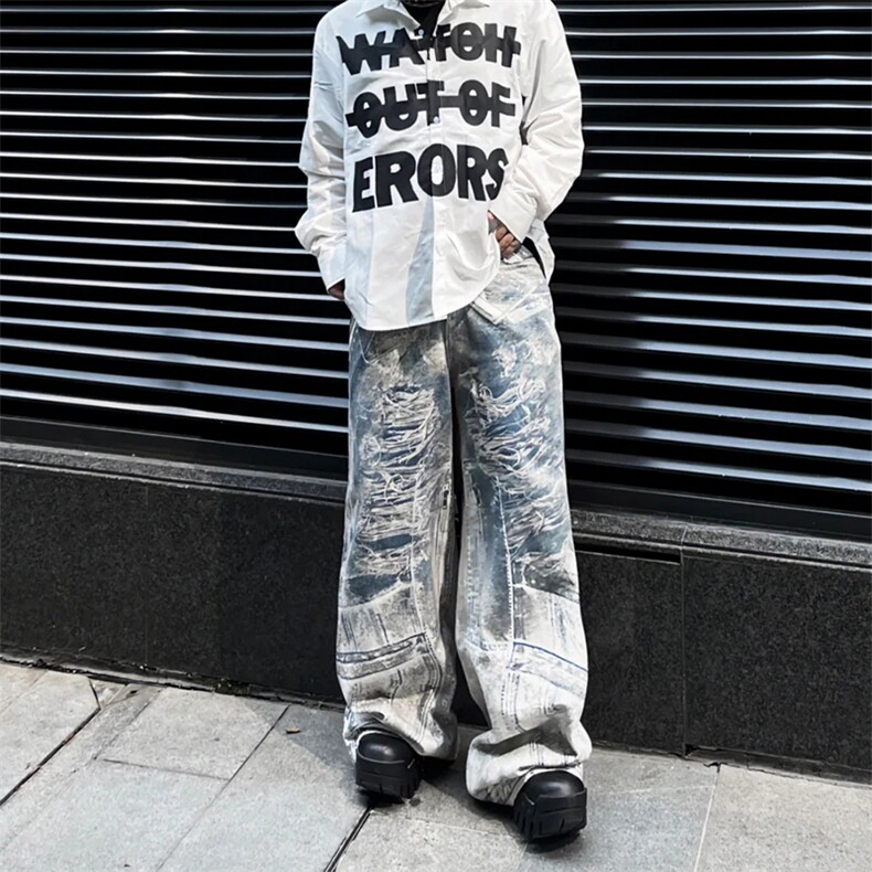 美式复古高街痞帅vibe钥匙链3D打印宽松拖地牛仔裤男百搭长裤，男装牛仔裤，星座506A