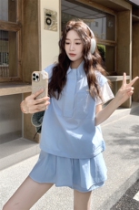 蓝色韩范气质学院风衬衣套装女夏季2025新款一整套阔腿短裤两件套，女装套装/套裙，2C135