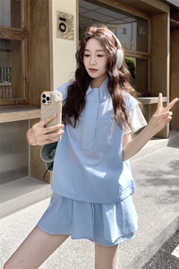 蓝色韩范气质学院风衬衣套装女夏季2025新款一整套阔腿短裤两件套图片