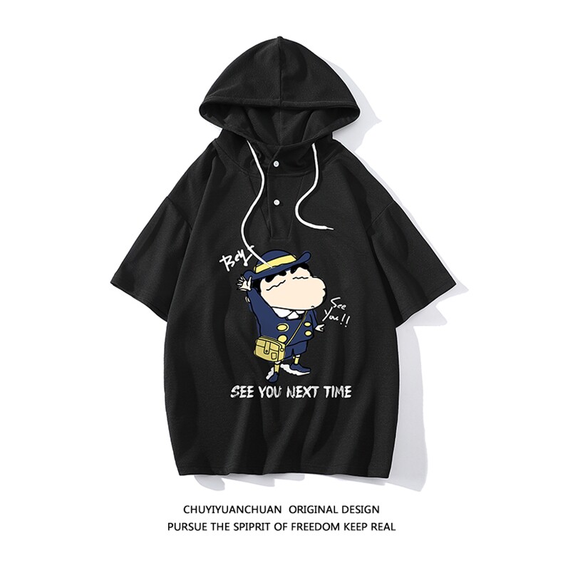 蜡笔小新连帽短袖t恤男大码胖子带帽五分袖中袖白底LD54240-P45,男装T恤,电商A040A