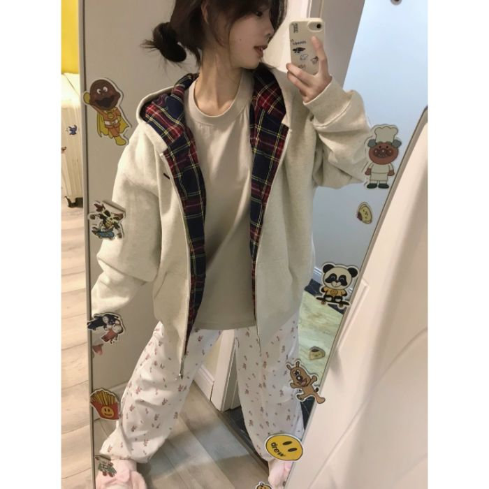 5258-P50原版做工#刺绣食毛华棉复合格子拼接卫衣薄款/加绒,女装卫衣/绒衫,星座617A-2