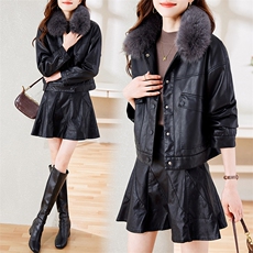 现货真狐狸毛领皮衣短外套女欧洲站2024年秋冬加厚时尚pu皮夹克潮，女装皮衣，潮流依族