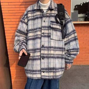 毛呢格子外套男士2025新款春秋季美式潮牌青少年宽松翻领夹克上衣图片