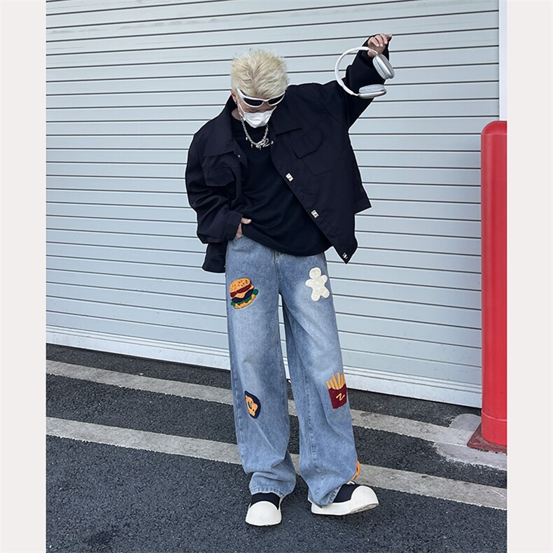 复古创意薯条热狗毛巾绣牛仔裤男女高街vibe直筒宽松阔腿长裤N284，男装牛仔裤，星座601-1