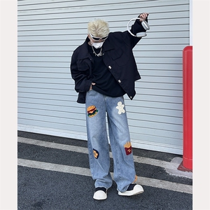 复古创意薯条热狗毛巾绣牛仔裤男女高街vibe直筒宽松阔腿长裤N284,男装牛仔裤,星座601-1
