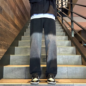 渐变做旧牛仔裤男宽松高街ins港风潮牌坠感直筒阔腿裤90668-p45图片