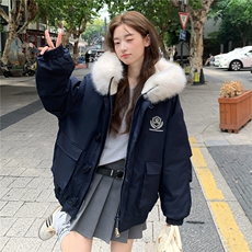 A577-P1282025冬季牛角扣大毛领连帽棉服外套中长款派克服，男装棉衣，星座911
