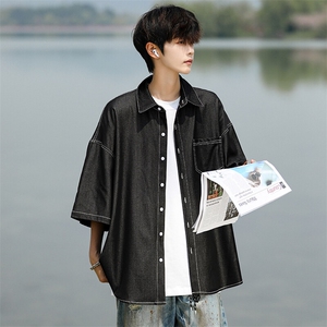 8XL-M 冰丝牛仔短袖衬衫男款夏季薄款宽松慵懒衬衣外套DC28006P60图片
