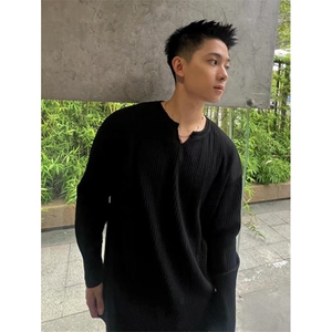 美式亨利领t恤男高端坑条质感宽松长袖设计感V领打底体恤 T74图片