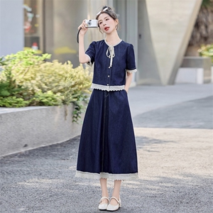 蓝色花边牛仔套装裙女2025夏季新款独特漂亮气质蕾丝半身裙两件套图片