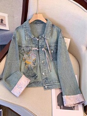 外套女刺绣短款2025春新品潮流休闲复古民族风流苏牛仔短外套气质，女装牛仔外套，喜见多金