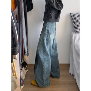 复古解构廓形破洞弯刀牛仔裤男女宽松直筒美式休闲阔腿K80944-p58图片