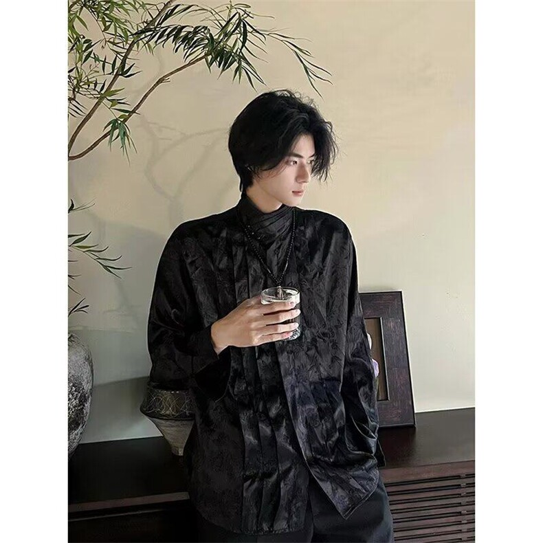 春秋改良中式缎面提花复古长袖衬衣男女珍珠扣立领小众个性衬衫男,男装衬衫,星座506A