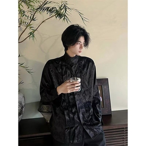 春秋改良中式缎面提花复古长袖衬衣男女珍珠扣立领小众个性衬衫男图片