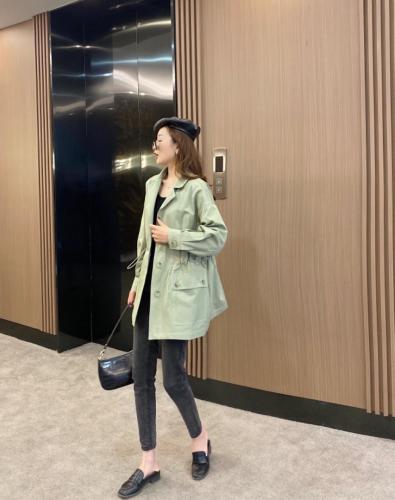 香丽迪抽绳收腰风衣女春夏新款绿色小个子休闲外套中长,女装风衣,香丽迪1