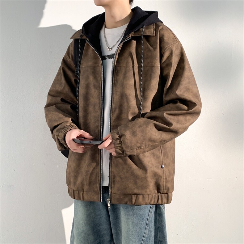 假两件拼接连帽皮夹克男款宽松休闲潮流皮衣外套A406JK6002P90,男装夹克,星座309（原A406）