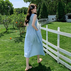 蓝色气质甜美小清新方领连衣裙女2025夏季新款盐系轻熟风显瘦长裙，女装连衣裙，浙宝220