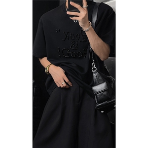 简约风夏季潮流纯色高级感珍珠字母百搭圆领短袖T恤男女同款上衣图片