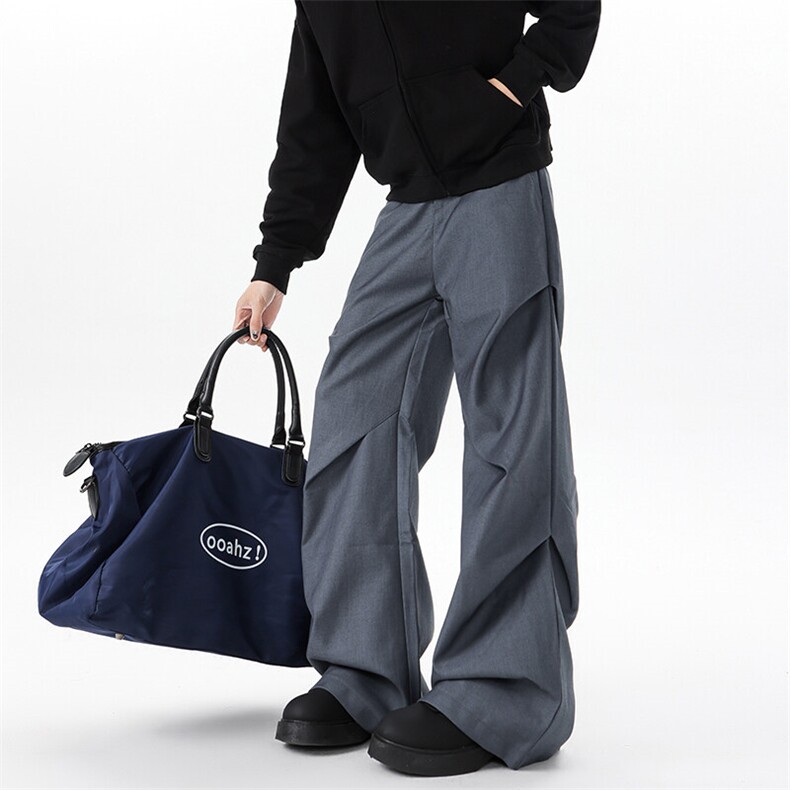 美式高街褶皱裤子男休闲西裤痞帅高级垂感拖地微喇裤宽松KZ035P68，男装西裤，电商B312