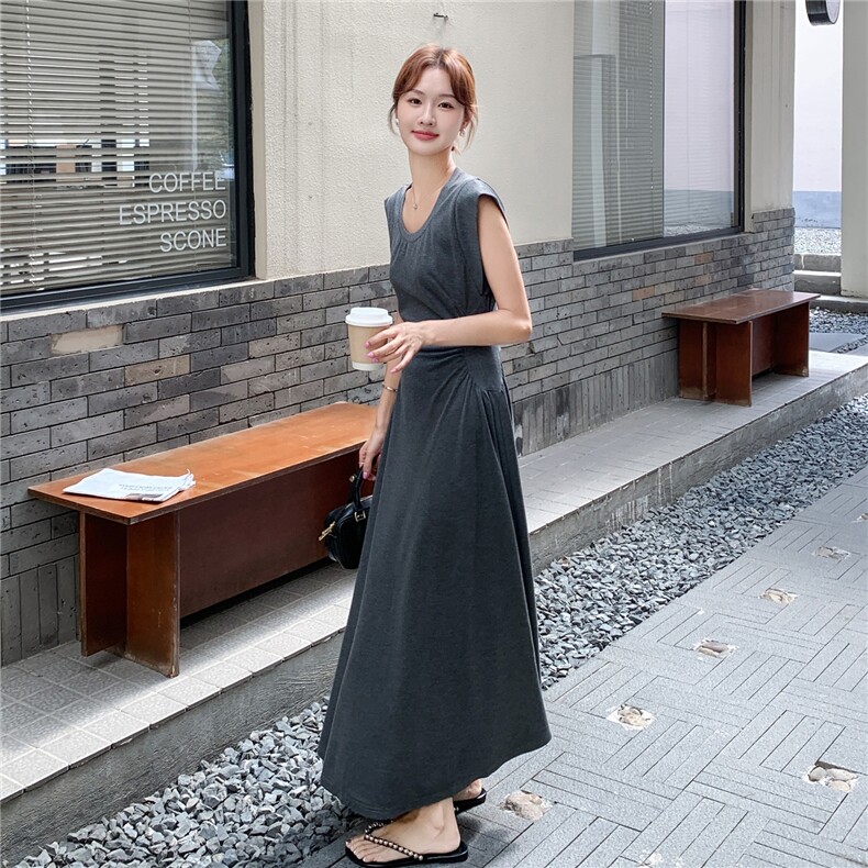 灰色休闲短袖t恤连衣裙子女收腰显瘦气质设计感小众褶皱长裙夏季,女装连衣裙,2C216