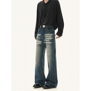 网络图现货 美式复古水洗显瘦通勤做旧猫须微喇版牛仔裤J793-P50图片