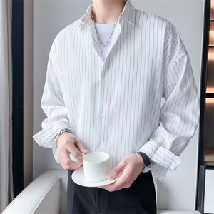 条纹长袖衬衫外套男秋季痞帅潮牌ins休闲衣服SC303P33图片