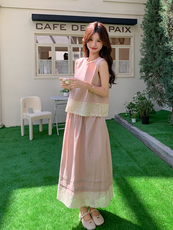 2025夏季女新款粉色初恋风法式温柔气质蕾丝拼接背心半身裙两件套，女装套装/套裙，韩蜜菓