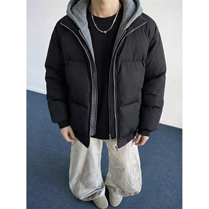 现货高品质重磅工艺美式高街假两件PU皮棉衣男女加厚棉服外套图片