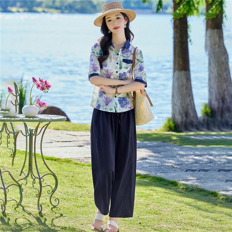 2026年夏季休闲时尚翻领印花上衣衬衫裤子套装两件套女,女装套装/套裙,依路服饰