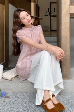 新中式国风套装女夏2025新款天丝棉微透提花短袖上衣阔腿裤两件套，女装套装/套裙，1C150