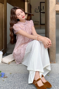 新中式国风套装女夏2025新款天丝棉微透提花短袖上衣阔腿裤两件套图片
