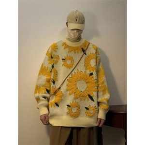 秋冬潮牌向日葵毛衣男情侣款日系复古慵懒风宽松针织衫MY222P53