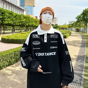 美式复古polo衫潮牌黑白拼接刺绣翻领卫衣男小众高街赛车服外套图片