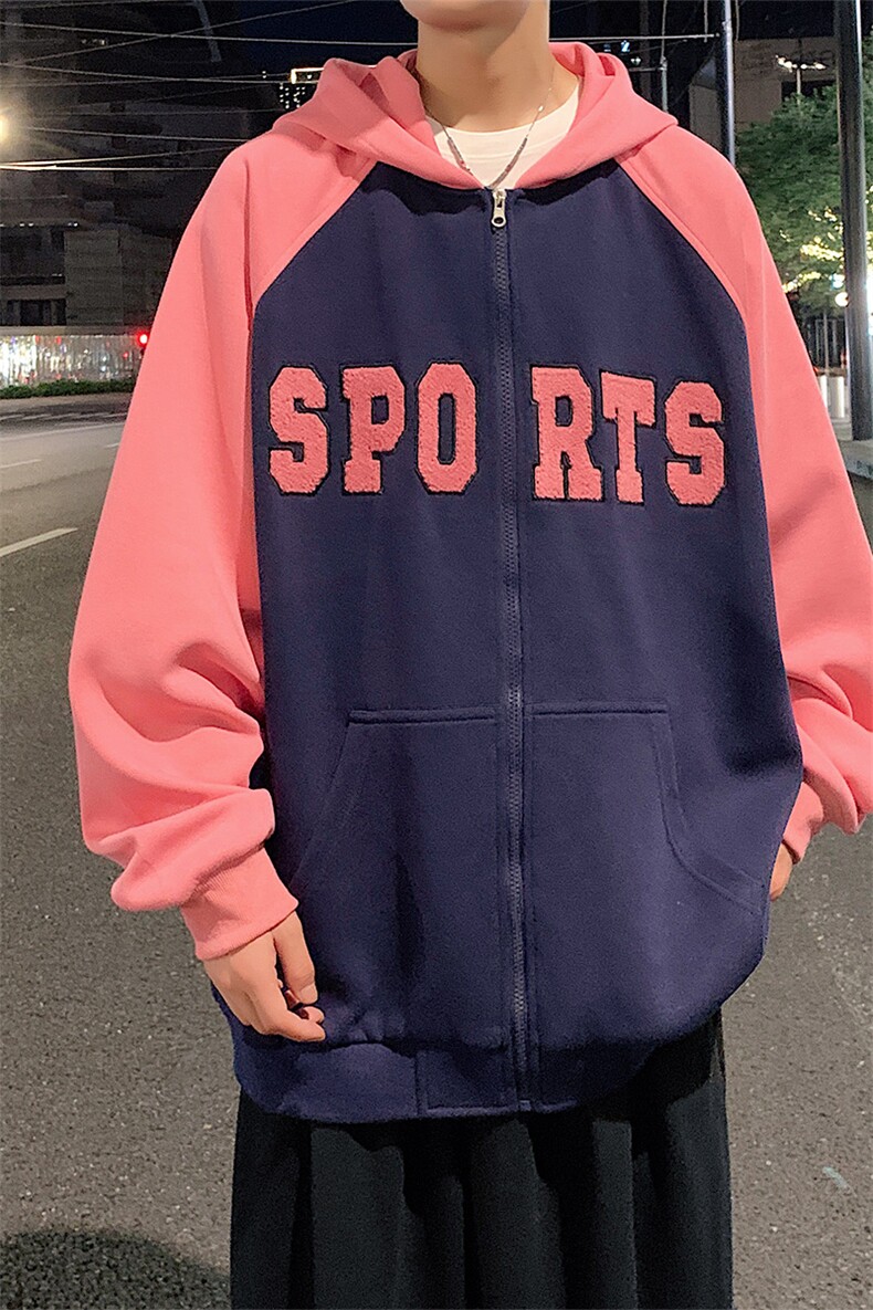 港风华棉拼接开衫连帽卫衣男宽松外套Y6522P85,男装卫衣,星座1204-3